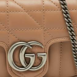 Pre Owned Gucci Beige Matelassé Leather Super Mini GG Marmont Shoulder Bag