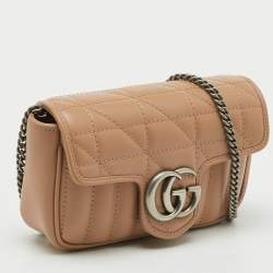 Pre Owned Gucci Beige Matelassé Leather Super Mini GG Marmont Shoulder Bag
