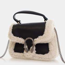 Pre Owned Gucci Black Mini Leather and Shearling Dionysus Top Handle Bag