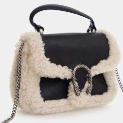 Pre Owned Gucci Black Mini Leather and Shearling Dionysus Top Handle Bag