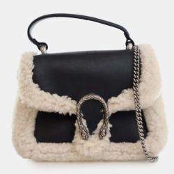 Pre Owned Gucci Black Mini Leather and Shearling Dionysus Top Handle Bag