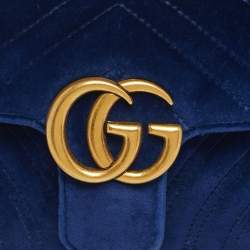 Pre Owned Gucci Blue Matelassé Velvet Mini GG Marmont Shoulder Bag