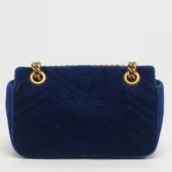 Pre Owned Gucci Blue Matelassé Velvet Mini GG Marmont Shoulder Bag