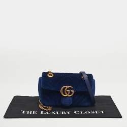 Pre Owned Gucci Blue Matelassé Velvet Mini GG Marmont Shoulder Bag
