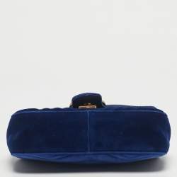 Pre Owned Gucci Blue Matelassé Velvet Mini GG Marmont Shoulder Bag