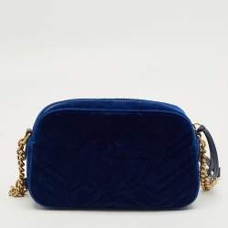 Pre Owned Gucci Blue Matelassé Velvet Small GG Marmont Camera Bag
