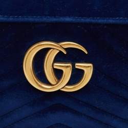 Pre Owned Gucci Blue Matelassé Velvet Small GG Marmont Camera Bag