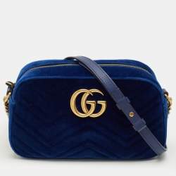 Pre Owned Gucci Blue Matelassé Velvet Small GG Marmont Camera Bag