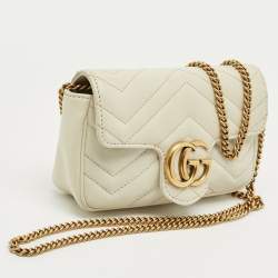 Pre Owned Gucci Off White Matelassé Leather Super Mini GG Marmont Shoulder Bag