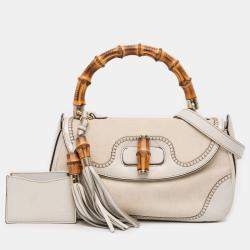 Pre Owned Gucci White Medium GG Canvas New Bamboo Satchel