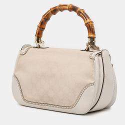 Pre Owned Gucci White Medium GG Canvas New Bamboo Satchel