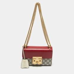 Pre Owned Gucci Red/Beige GG Supreme Canvas and Leather Small Padlock Shoulder Bag