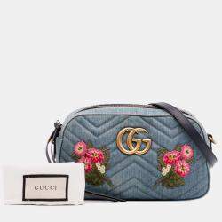 Pre Owned Gucci Blue Small GG Marmont Embroidered Matelasse Denim Crossbody