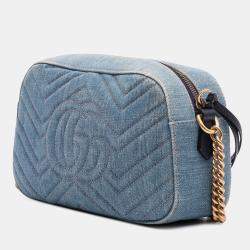 Pre Owned Gucci Blue Small GG Marmont Embroidered Matelasse Denim Crossbody