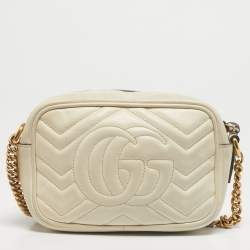 Pre Owned Gucci Off White Matelassé Leather Mini GG Marmont Camera Bag