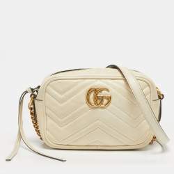 Pre Owned Gucci Off White Matelassé Leather Mini GG Marmont Camera Bag
