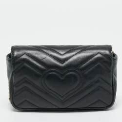 Pre Owned Gucci Black Matelassé Leather Super Mini GG Marmont Crossbody Bag