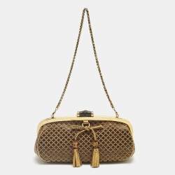 Pre Owned Gucci Gold/Brown Diamond Fabric Bamboo Frame Chain Clutch