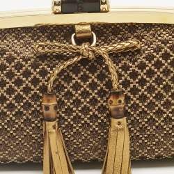 Pre Owned Gucci Gold/Brown Diamond Fabric Bamboo Frame Chain Clutch