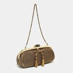Pre Owned Gucci Gold/Brown Diamond Fabric Bamboo Frame Chain Clutch