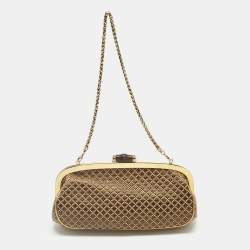 Pre Owned Gucci Gold/Brown Diamond Fabric Bamboo Frame Chain Clutch