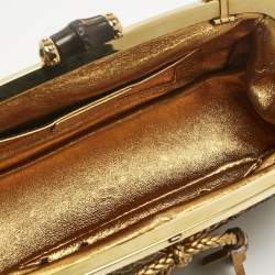 Pre Owned Gucci Gold/Brown Diamond Fabric Bamboo Frame Chain Clutch
