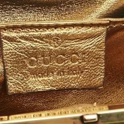 Pre Owned Gucci Gold/Brown Diamond Fabric Bamboo Frame Chain Clutch