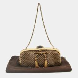 Pre Owned Gucci Gold/Brown Diamond Fabric Bamboo Frame Chain Clutch