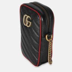 Pre Owned Gucci Red/Black Calfskin Matelasse Mini GG Marmont Crossbody Bag