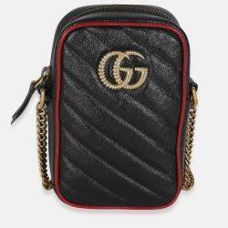 Pre Owned Gucci Red/Black Calfskin Matelasse Mini GG Marmont Crossbody Bag