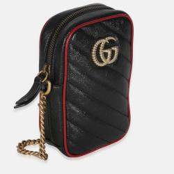 Pre Owned Gucci Red/Black Calfskin Matelasse Mini GG Marmont Crossbody Bag