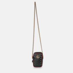 Pre Owned Gucci Red/Black Calfskin Matelasse Mini GG Marmont Crossbody Bag