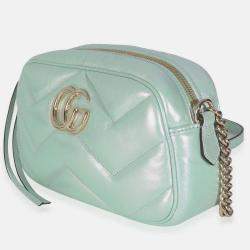 Pre Owned Gucci Salvy Green Iridescent Nappa Chevron Matelasse Small GG Marmont Chain Bag