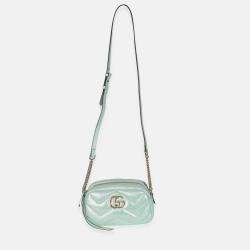 Pre Owned Gucci Salvy Green Iridescent Nappa Chevron Matelasse Small GG Marmont Chain Bag