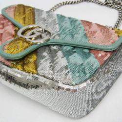Pre Owned Gucci GG Marmont Leather Spangles Shoulder Bag Gold Silver Pink Gold Green