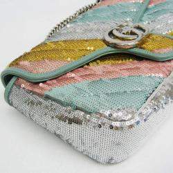 Pre Owned Gucci GG Marmont Leather Spangles Shoulder Bag Gold Silver Pink Gold Green