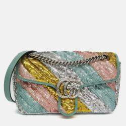 Pre Owned Gucci GG Marmont Leather Spangles Shoulder Bag Gold Silver Pink Gold Green