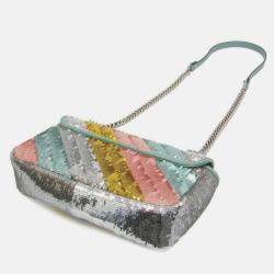 Pre Owned Gucci GG Marmont Leather Spangles Shoulder Bag Gold Silver Pink Gold Green