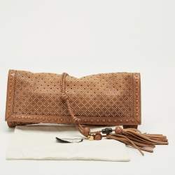Pre Owned Gucci Brown Perforated Leather Malika Studded Clutch