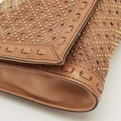 Pre Owned Gucci Brown Perforated Leather Malika Studded Clutch