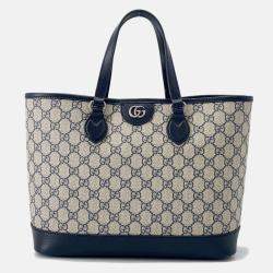 Pre Owned Gucci Ophidia Gg Supreme 2Way Tote Bag Beige/Navy Pvc Leather Size Small