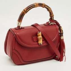 Pre Owned Gucci Red Leather Medium New Bamboo Top Handle Bag