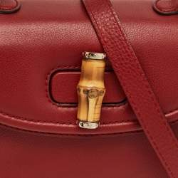 Pre Owned Gucci Red Leather Medium New Bamboo Top Handle Bag
