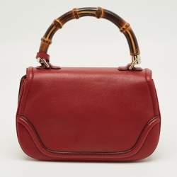 Pre Owned Gucci Red Leather Medium New Bamboo Top Handle Bag