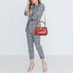 Pre Owned Gucci Red Leather Medium New Bamboo Top Handle Bag