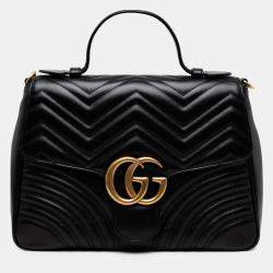 Pre Owned Gucci Black Medium GG Marmont Matelasse Leather Top Handle Satchel