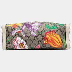 Pre Owned Gucci Brown White Small GG Supreme Flora Padlock Tote