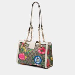 Pre Owned Gucci Brown White Small GG Supreme Flora Padlock Tote