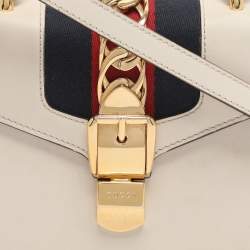 Pre Owned Gucci White Leather Mini Web Sylvie Top Handle Bag