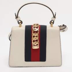Pre Owned Gucci White Leather Mini Web Sylvie Top Handle Bag